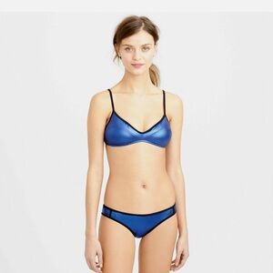 NWT J. CREW Metallic Blue Bikini w: Black Piping. Lined, Medium Top / S Bottom